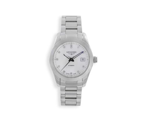 A LADY'S STAINLESS STEEL AND DIAMOND-SET 'CONQUEST' AUTOMATIC BRACELET WATCH, BY LONGINES, 2014 20-jewel automatic movement, 