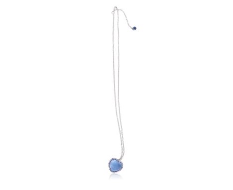 AN AQUAMARINE, TOURMALINE AND DIAMOND PENDANT ON CHAIN, BY MARGHERITA BURGENER The heart-shaped aquamarine cabochon weighing 