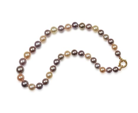 A MULTI-COLOURED CULTURED PEARL NECKLACE The single-strand of graduated round cultured pearls of various tints, measuring app