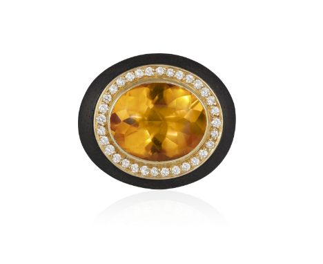 A CITRINE, DIAMOND AND EBONY COCKTAIL RING, BY REPOSSI The oval buff top-cut citrine within a surround of brilliant-cut diamo