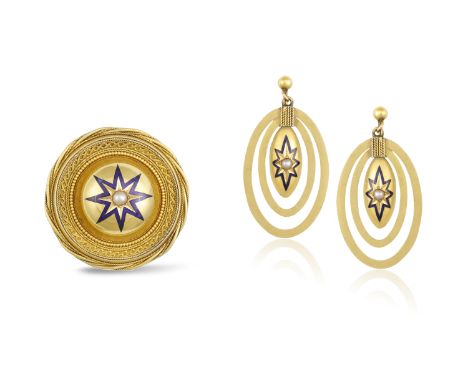 A VICTORIAN ENAMEL, SEED PEARL AND GOLD SUITE, CIRCA 1860 The hinged bangle set to the front with a lozenge plaque within a b