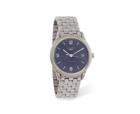 A STAINLESS STEEL 'FLAGSHIP' AUTOMATIC BRACELET WATCH, BY LONGINES, CIRCA 2014 21-jewel automatic movement, the round blue su