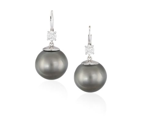 A PAIR OF CULTURED PEARL AND DIAMOND EARRINGS The round-shaped Tahitian cultured pearls of grey tint, measuring approximately