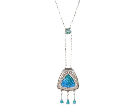 Early 20th century Arts and Crafts silver and enamel pendant necklace, shield shaped beaded green / blue enamel plaque, suspe