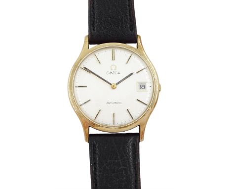 Omega gentleman's 9ct gold automatic wristwatch, on black leather strap with Omega gilt buckle, boxed with papers and guarant