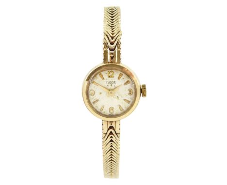 Tudor Royal ladies 9ct gold manual wind wristwatch, Birmingham 1964, on integrated 9ct gold Rolex bracelet, hallmarked, boxed