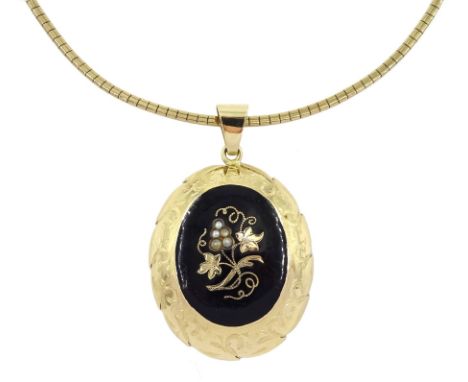 14ct gold black enamel pendant, the enamel with applied gold and seed pear foliate decoration, on an 8ct gold link chain neck