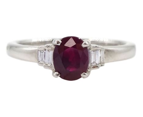 18ct white gold oval ruby and baguette cut diamond ring, hallmarked, ruby approx 1.00 caratCondition Report:Approx 3.05gm, si