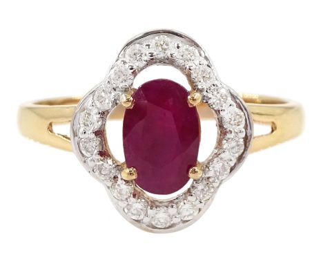 18ct rose gold oval cut ruby and round brilliant cut diamond cluster ring, stamped 750, ruby approx 1.00 carat, total diamond