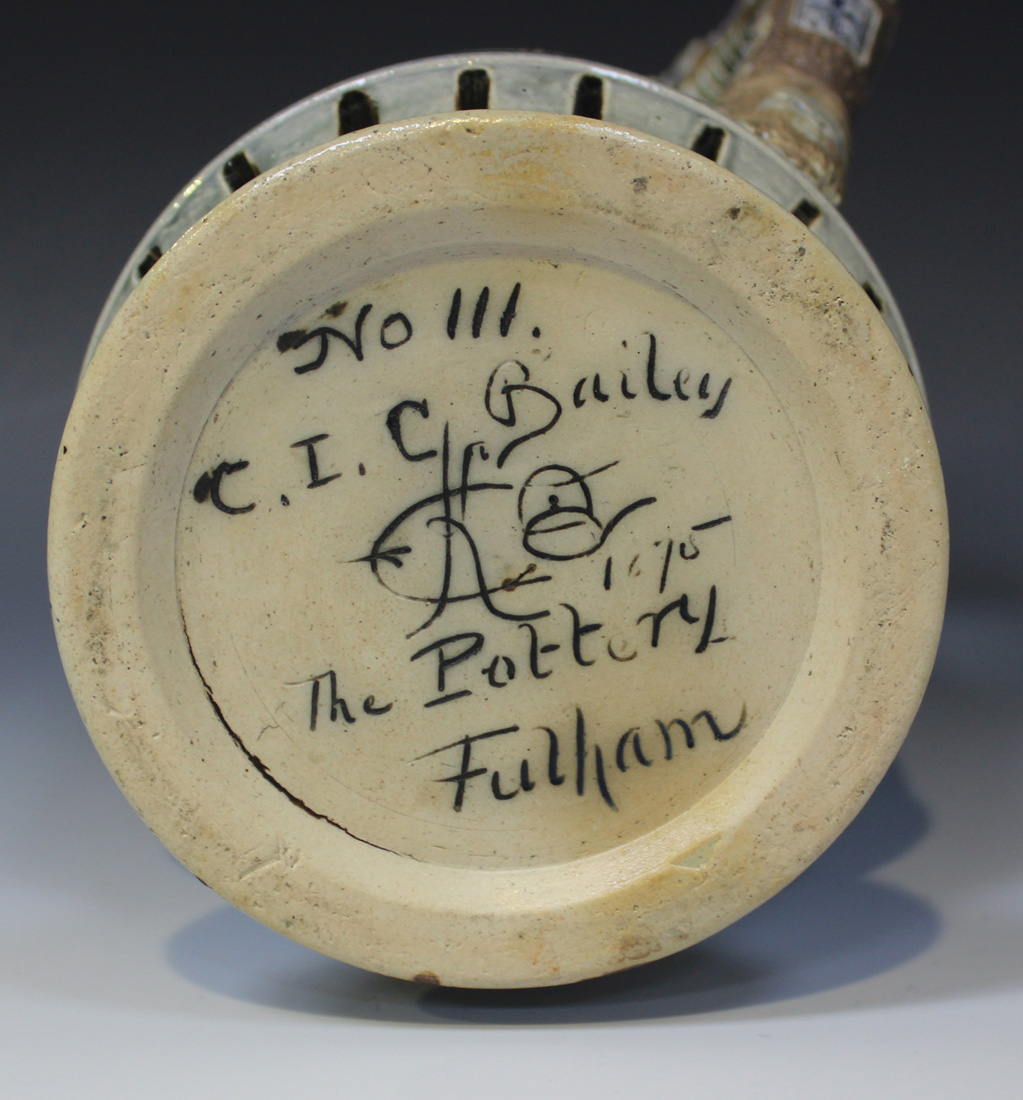 A C.J.C. Bailey Fulham pottery stoneware jug by Edgar Kettle, circa 1875, decorated with foliate