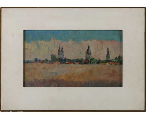 EBERHARD VIEGENER (1890 Soest - 1967 Bilme) Öl auf Platte, "Soester Landschaft mit St. Maria zur Wiese" (1966), unten rechts 