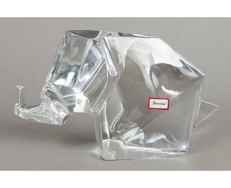 BACCARAT (France) Glasskulptur Origami Elefant farbloses Kristall, geometrisch abstrahierte Tierfigur, unterseitig mit Ätzste