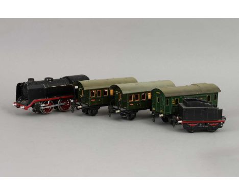 MARKLIN Eisenbahn der 1930er Jahre Spur O,  bestehend aus Dampf-Lok R910 mit Tender, 2 Passagierwagen und 1 Frachtwaggon, Ble