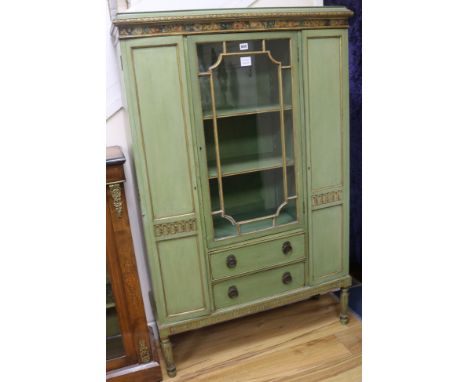 A George III style green painted and parcel gilt display cabinet, W.93cm