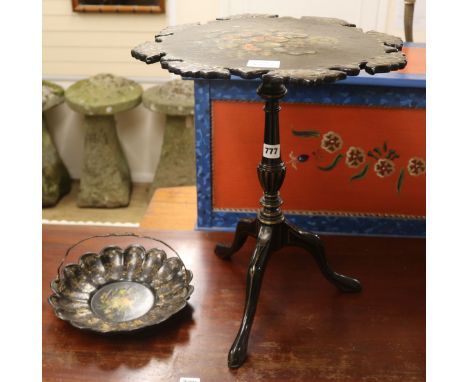 A papier mache tripod table and a basket H.48cm (table) W.26cm (basket)