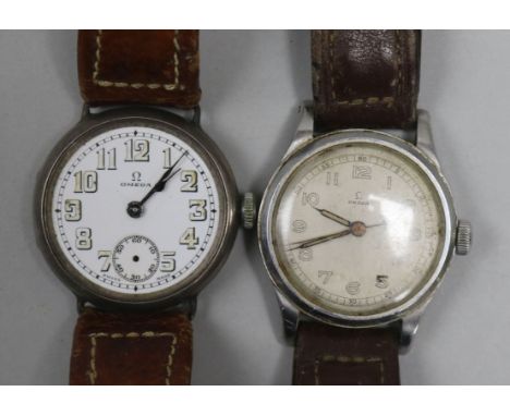 Two gentleman's 1920's/1930's Omega manual wind wrist watches, one with silver case.