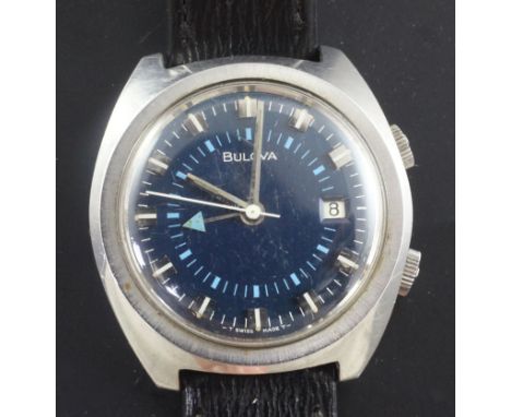 A gentleman's early 1970's stainless steel Bulova alarm wrist watch, with blue dial, baton markers and date aperture, on asso