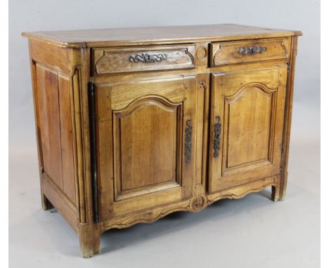 An 18th century French provincial walnut side cabinet, fitted two drawers and two panelled doors, W.4ft 4in. D.2ft 2in. H.3ft