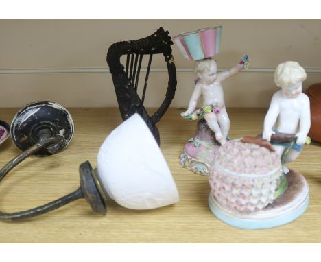 Two cherub figurines, a candlestick and a trinket box, a ceramic shaded lamp and a harp