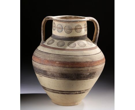 Ancient Greece, Cyprus, Late Cypriot III, ca. 1200 to 1050 BCE. A gorgeously preserved, wheel-thrown terracotta amphora with 