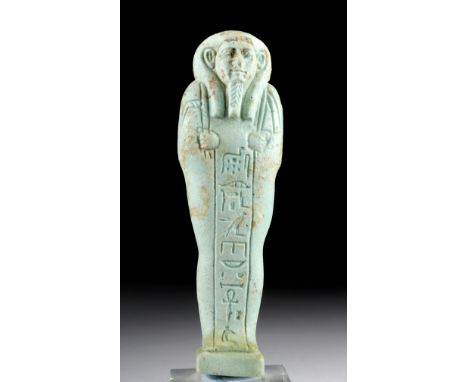 Egypt, Late Dynastic Period, 26th Dynasty, ca. 664 to 525 BCE. A beautiful mold-formed faience ushabti covered in pale turquo