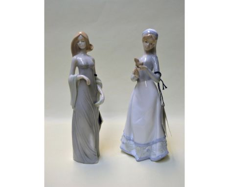 Fine Porcelain, Glazed Decorated, hand made, hand painted featuring Lady Carmen in her Evening Gown and Anna, a Young Girl Fi