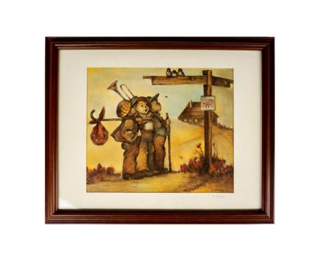 Print of 3 boys colored in muted brown standing at sign. Framed and matted. Hummel signed. Limited edition 907 of 5000. This 