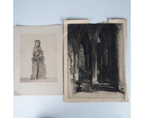 Set of two artworks on paper. One etching depicts the interior ambulatory of Chartres Cathedral with signature in graphite on