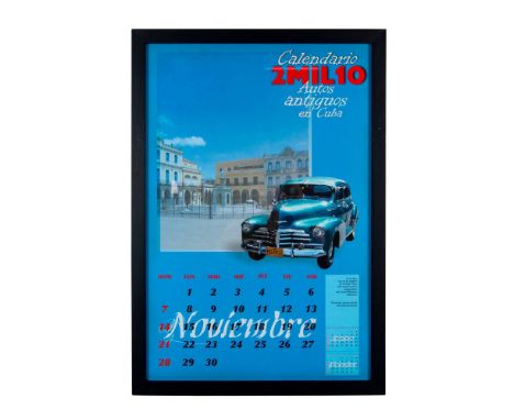 Original Cuban poster on paper for the month of November 2010 with inscriptions: Calendario 2Mil10 Autos Antiguos en Cuba. It