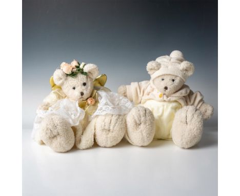 Includes two white plush bears, both dressed in whimsical and delicate soft pale fabrics. Features an angel bear with golden 