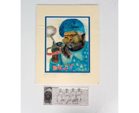 Color paper print of jazz musician John Birks Dizzy Gillespie playing the trumpet. The artist has represented Dizzy in a clos