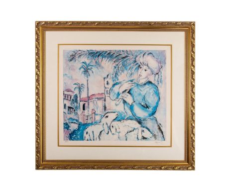 Jaffa is a color lithograph on wove paper by Neo-Romantic artist Zamy Steynovitz who has depicted a young boy playing the flu