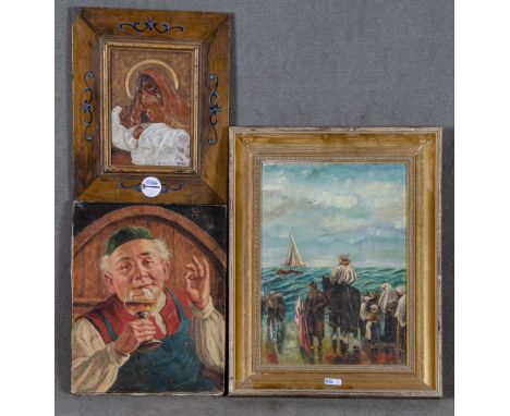 Küstenlandschaft. Öl/Lw, gerahmt, sign. Fleischer / Portrait. Öl/Lw., sign. Stubrey; dazu Heiligendarstellung, Gips, bemalt, 
