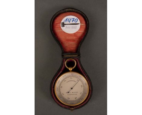 Taschen-Barometer. Dortmund, Wilh. Maess 19. Jh. Bronzekorpus, mit drehbarer Lünette, innenliegend herausnehmbares Thermomete