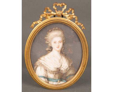 Thomas Lawrence (1769-1830). Portrait einer englischen Lady, Puderfarben/Bein, vergoldeter Rahmen, 9 x 7 cm.