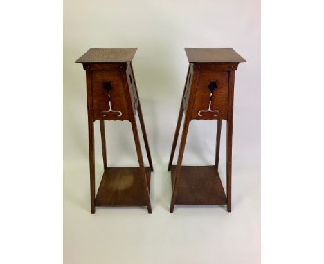 Pair of Oak Art Nouveau Plant Stands - After Liberty -  87cm H 