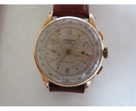 18ct gold cased Chronograph gents wristwatch. Movement possibly Valjue/Venus All round very good condition (see additional ph