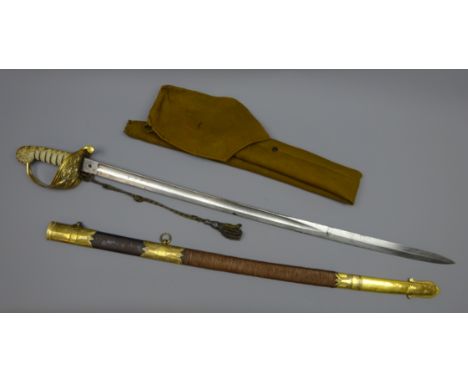 Royal Naval dress sword, 80cm blade etched W. Kitts Sheerness, with fouled Anchor and foliage, wire bound shagreen grip with 