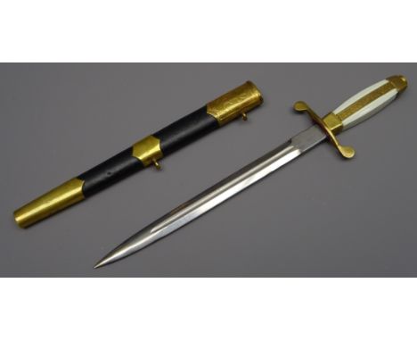 Bulgarian Naval dress dagger, 23.5cm twin edge fullered blade, shaped cross guard and shaped celluloid grip with star pommel 