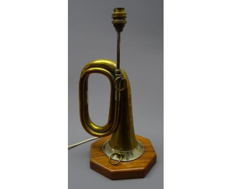 WW2 German brass bugle by Meinel & Herold, Klingenthal, later adapted as table lamp on octagonal base, H40cm  Condition Repor