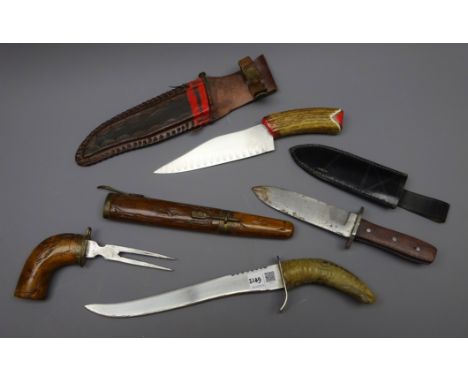 Hunting type knife, 18cm blade with antler handle in leather sheath,  similar knife, 27cm curved blade with horn handle, Bowi