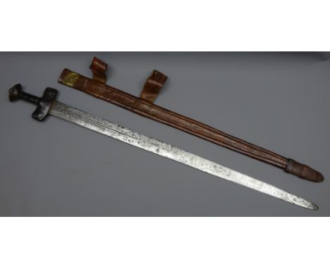 North African Taureg Takouba sword, 83cm twin edge part triple fullered blade with crescent stamps, leather grip with shaped 