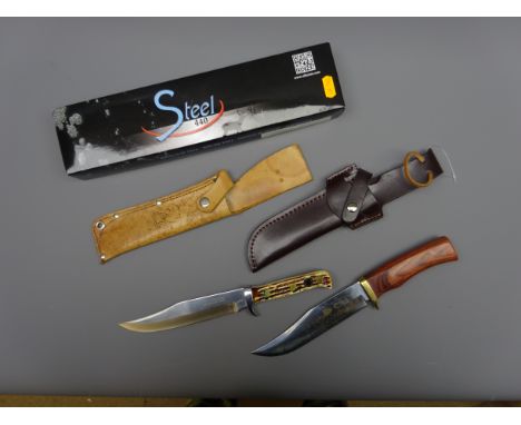 Tramontina Hunting knife 16.5cm shaped single edge blade stamped Inox Stainless Brazil, horn style slab grip L27cm, in leathe