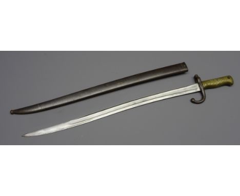 19th century French Chassepot bayonet, 57cm fullered shaped blade inscribed on ridge 1867, brass ribbed grip L69.5, quillion 