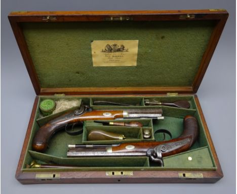 Pair of Officer's 22 bore Percussion Pistols 18.5cm octagonal barrels with blued breech and lock plate engraved with foliage,