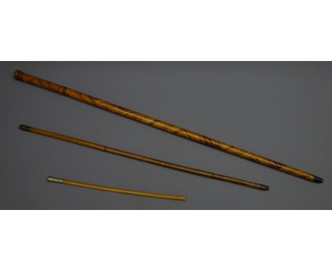 Novelty walking cane with walnut grained finish and copper terminal, incorporating two threaded compartments for spirit flask