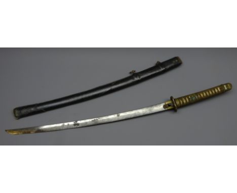 Japanese Katana sword, 68.6cm single edge curved blade, tsuba cast with flowers, bound fishskin hilt, L95cm, in leather cover