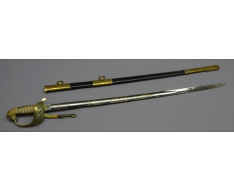 Royal Naval Reserve dress sword, 80cm blade etched RNR with fouled Anchor and foliage with Proved plug, wire bound shagreen g