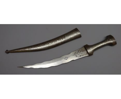 Persian Jambiya with 28cm curved twin shaped edge blade, grip and scabbard decorated with koftgari scrollwork, L45cm. Provena