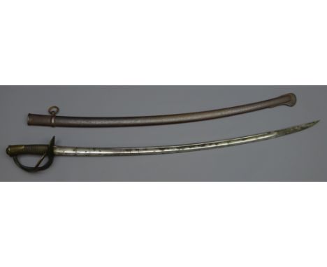 19th century French cavalry sabre, 92cm curved single edge fullered blade stamped with triple scroll open guard and wire boun